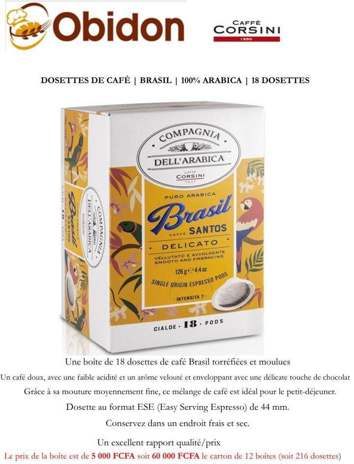 Une boîte d 18 dosettes de café Brasil torréfiées et moulues. Un café doux avec une faible acidité et un arôme velouté et enveloppant avec une délicate touche de chocolat
