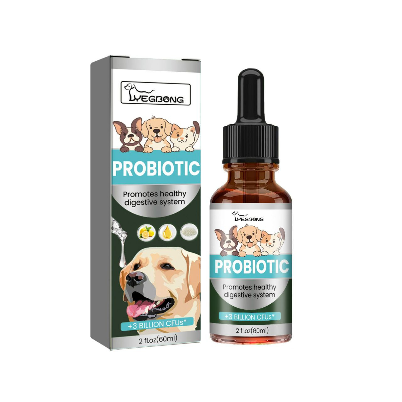 Les gouttes probiotiques Yegbong Pet soulagent l'inconfort physique et la mauvaise haleine chez les chats et les chiens. Solution de soins pour animaux de compagnie